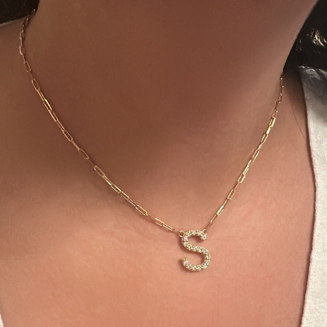 Sadie Initial CZ Necklace With Paperclip Chain