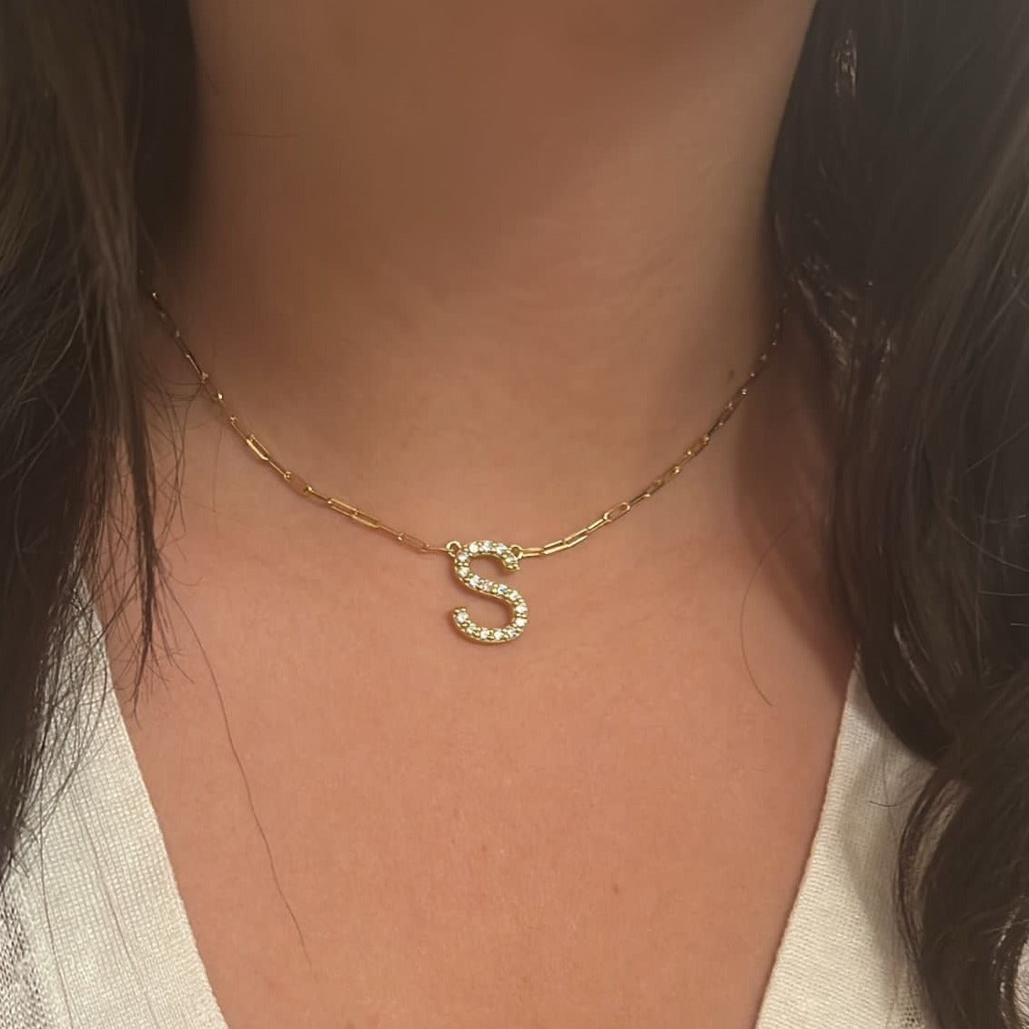 Sadie Initial CZ Necklace With Paperclip Chain