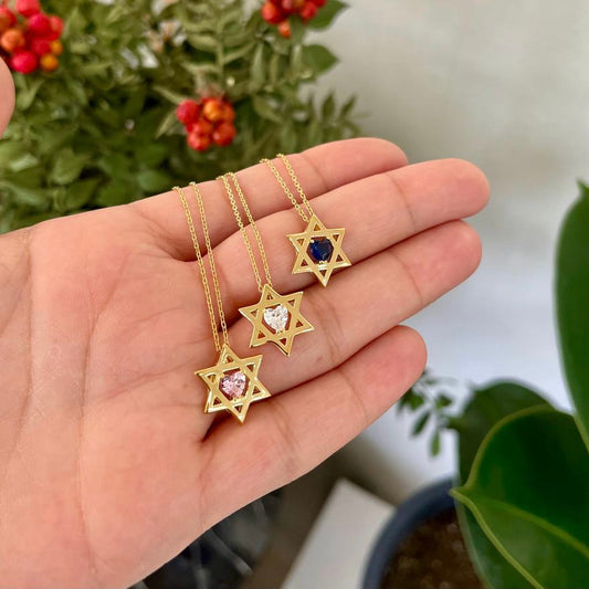 Colored Stone Heart Star of David Necklace