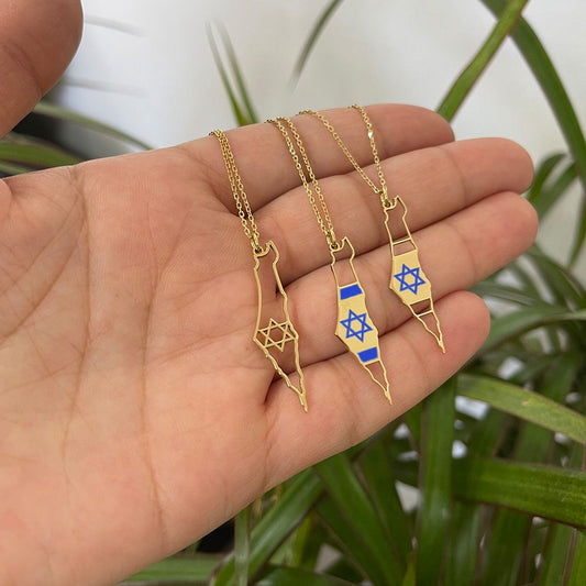 Israel Map Outline Necklace with Star of David