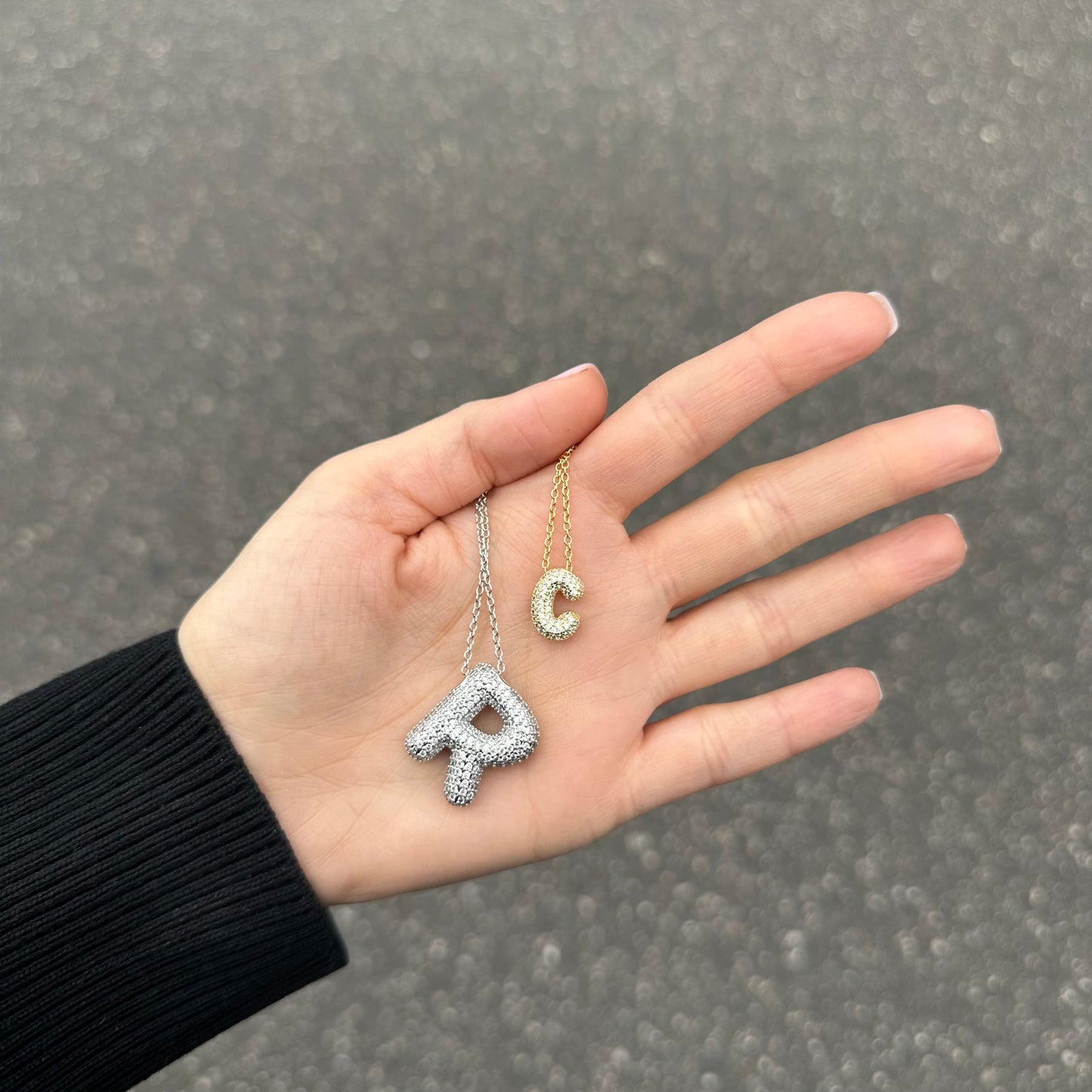 Frosted bubble letter initial necklace, inspired by Hailey Bieber, made from high-quality sterling silver for a timeless, durable, and trendy accessory. Perfect for personalized style with a chic frosted finish.