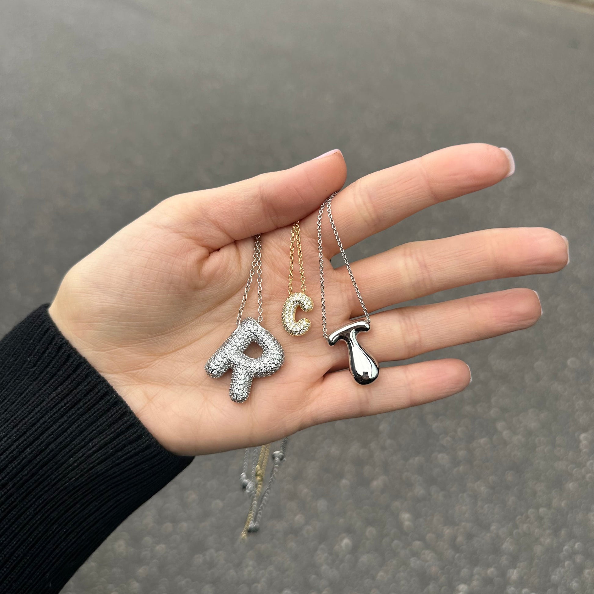 Frosted bubble letter initial necklace, inspired by Hailey Bieber, made from high-quality sterling silver for a timeless, durable, and trendy accessory. Perfect for personalized style with a chic frosted finish.
