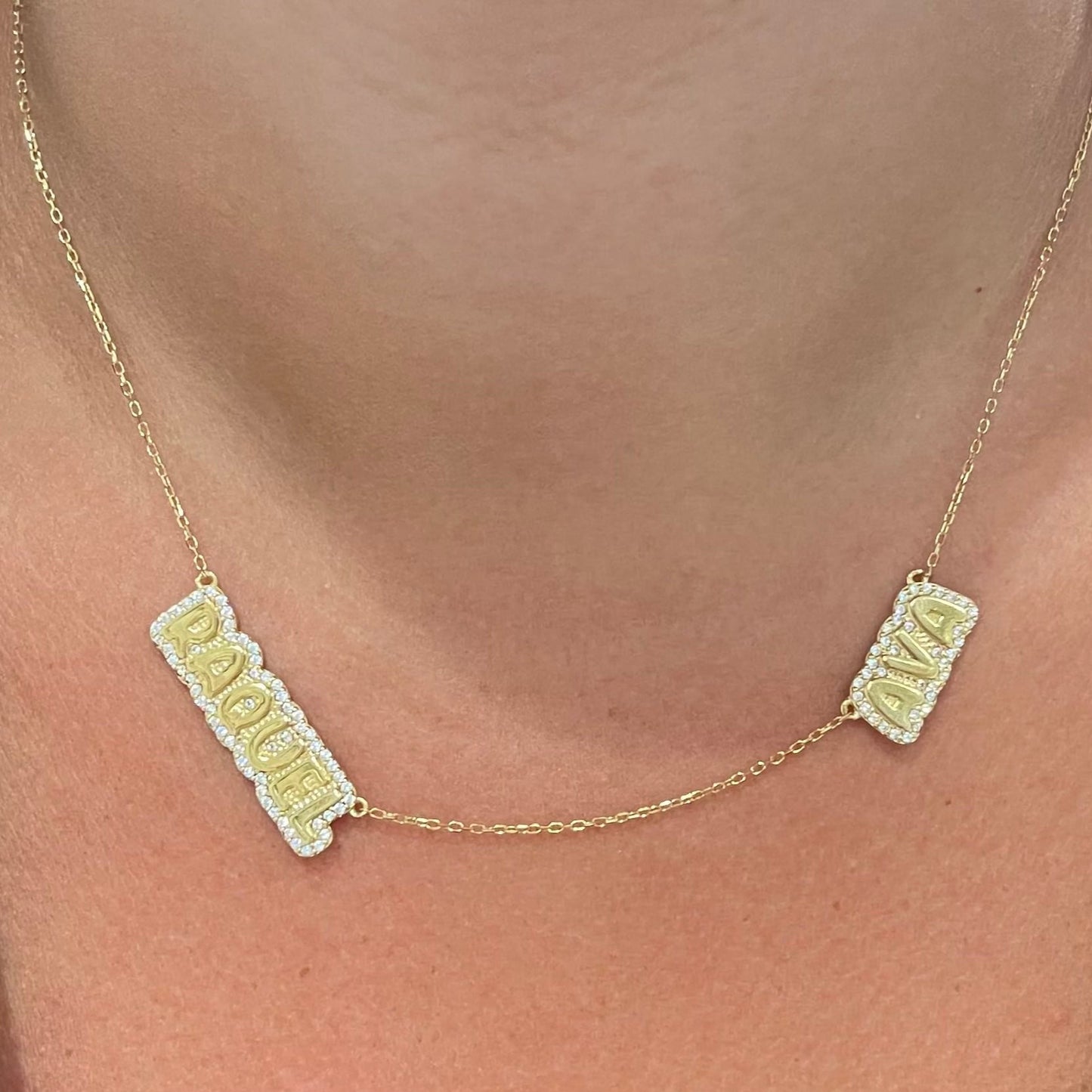 Two Name Maya Bubble CZ Nameplate Necklace