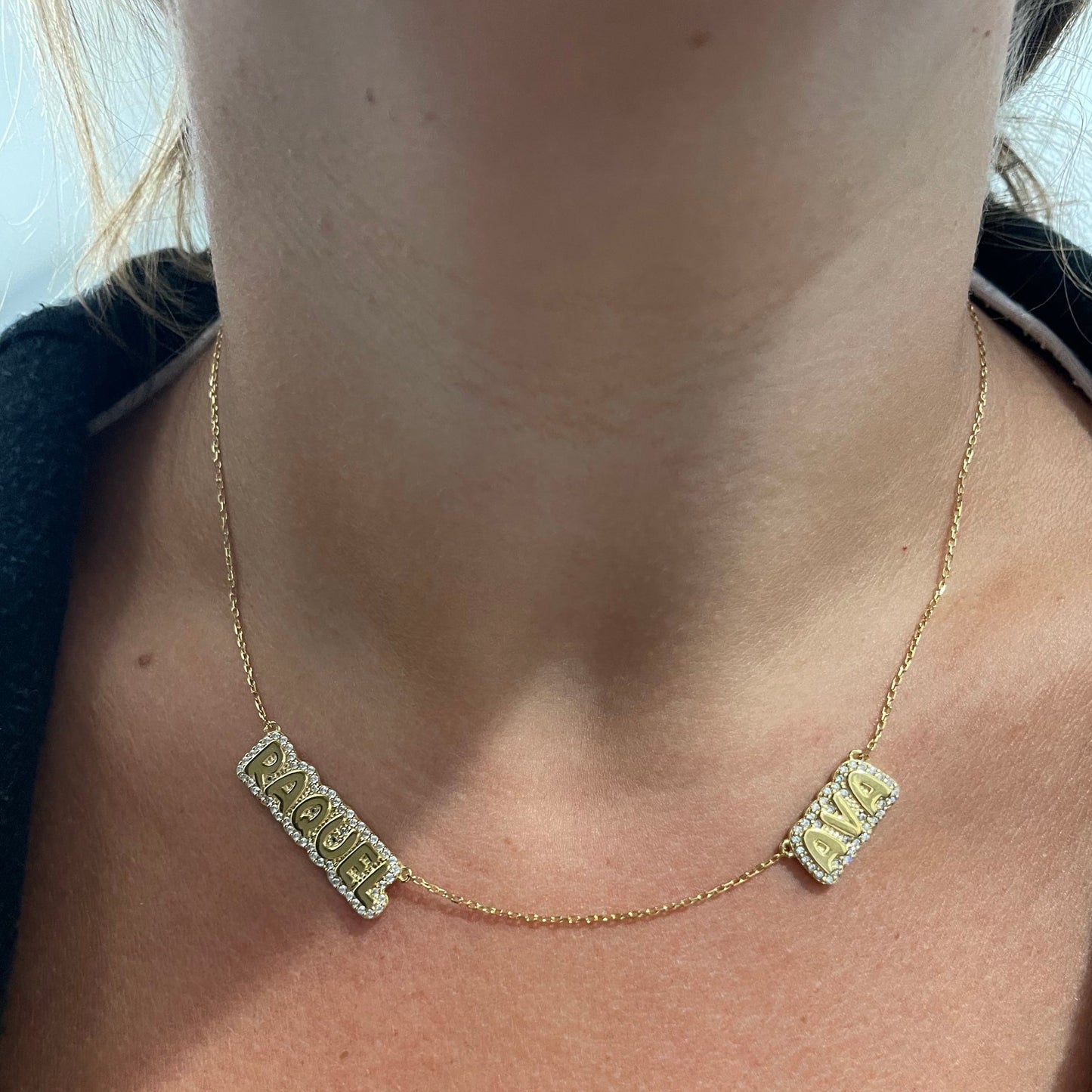 Two Name Maya Bubble CZ Nameplate Necklace