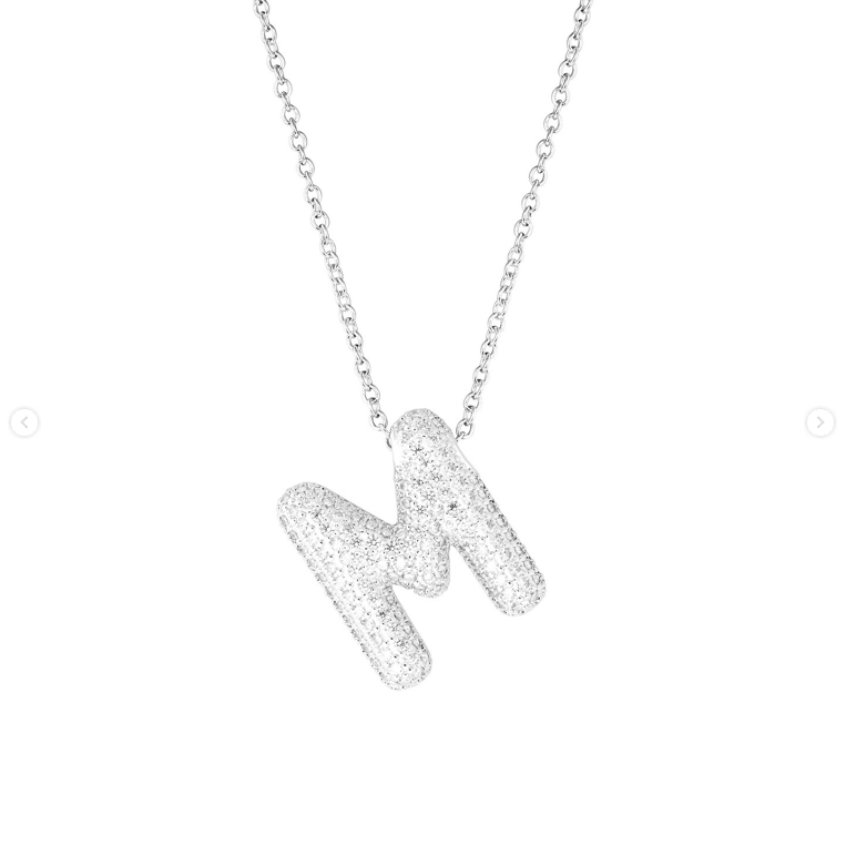 Frosted bubble letter initial necklace, inspired by Hailey Bieber, made from high-quality sterling silver for a timeless, durable, and trendy accessory. Perfect for personalized style with a chic frosted finish.
