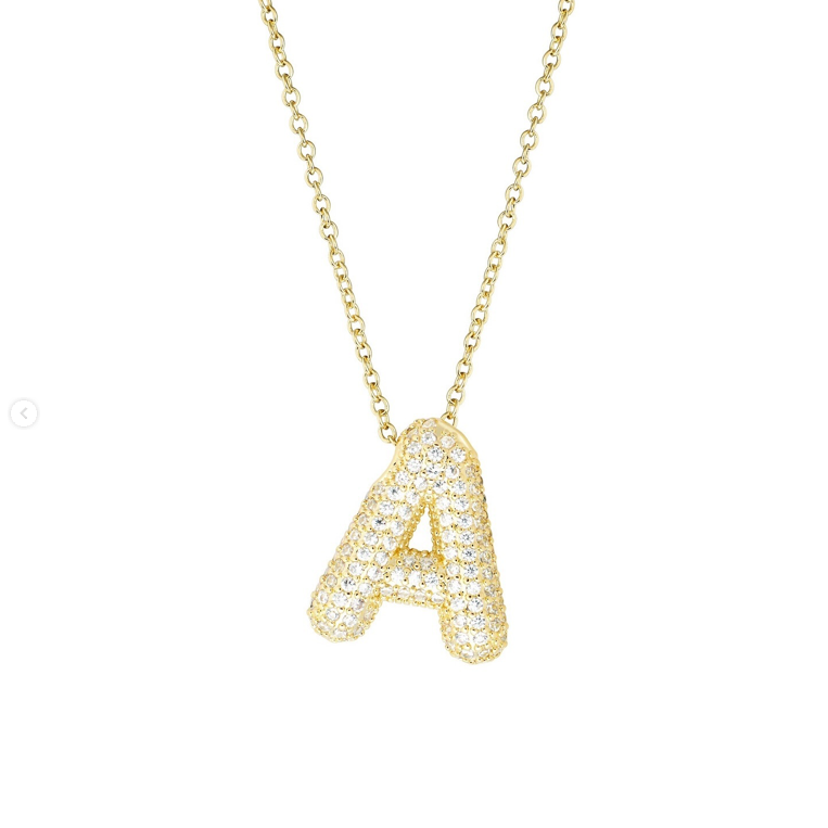 Frosted bubble letter initial necklace, inspired by Hailey Bieber, made from high-quality sterling silver for a timeless, durable, and trendy accessory. Perfect for personalized style with a chic frosted finish.