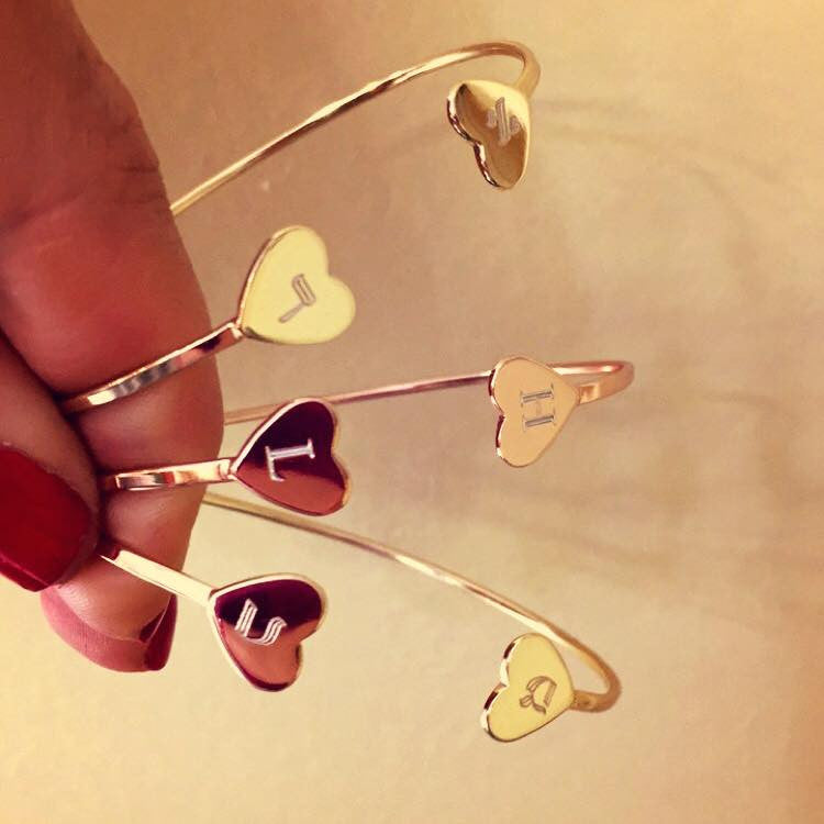 Double Heart Initial Bangle - Retail Therapy Jewelry