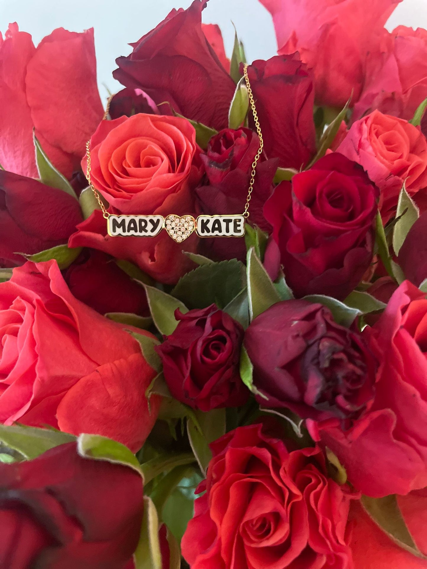 Mary Kate Double Enamel Heart CZ Nameplate Necklace