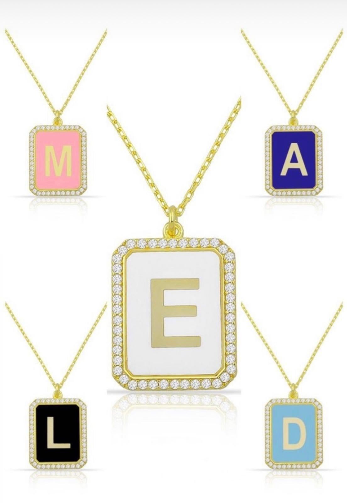 Victoria Enamel Square Initial Necklace with CZ