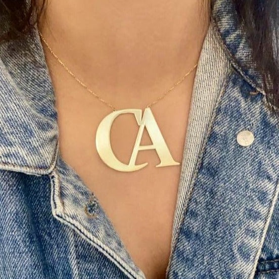 Oversized initial necklace in Times New Roman font, crafted from durable, tarnish-resistant sterling silver; personalized minimalist jewelry perfect for gifts or everyday wear.