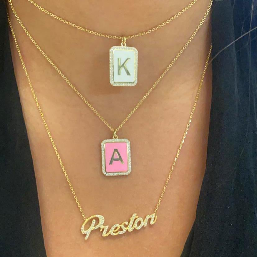 Victoria Enamel Square Initial Necklace with CZ