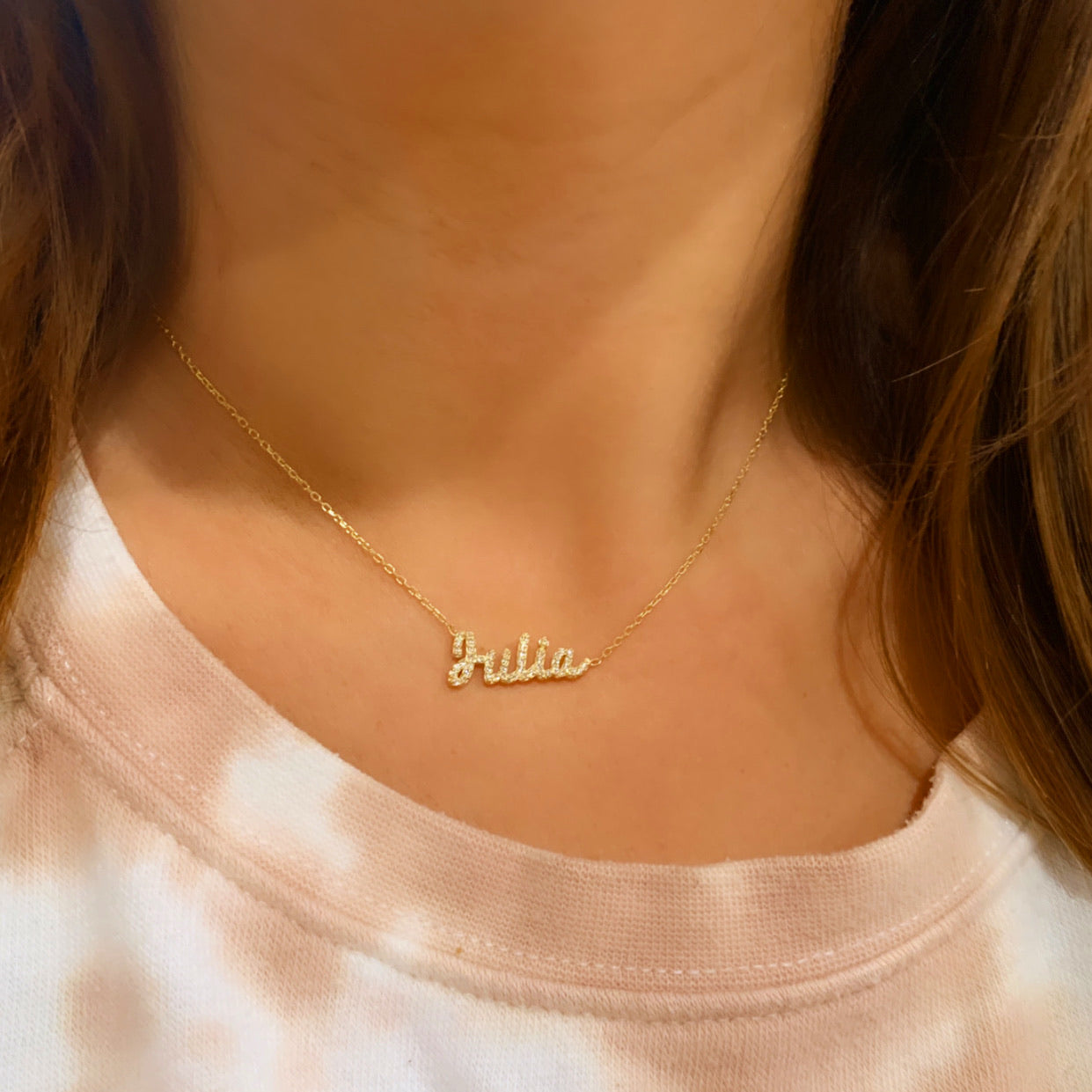 Gemma Script CZ Nameplate Necklace