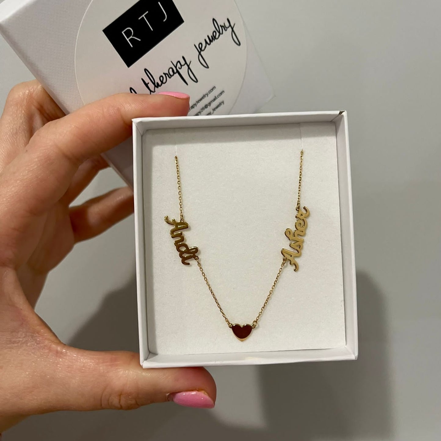 14K Liz Script Mommy Necklace with Hearts