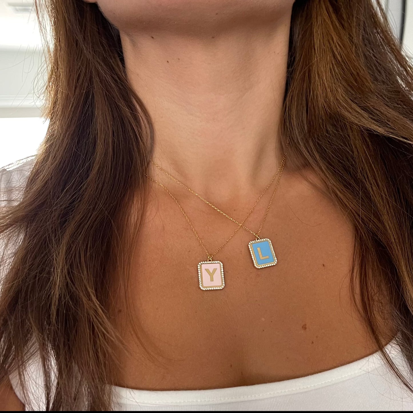 Victoria Enamel Square Initial Necklace with CZ