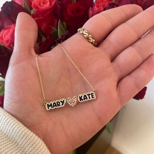 Mary Kate Double Enamel Heart CZ Nameplate Necklace