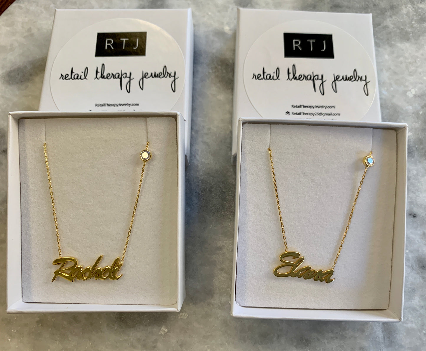 Elana Cursive Nameplate with Floating Stone - Retail Therapy Jewelry