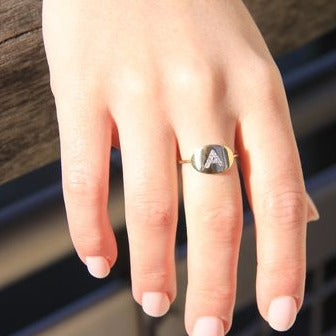 14K Gold Diamond Initial Disc Ring