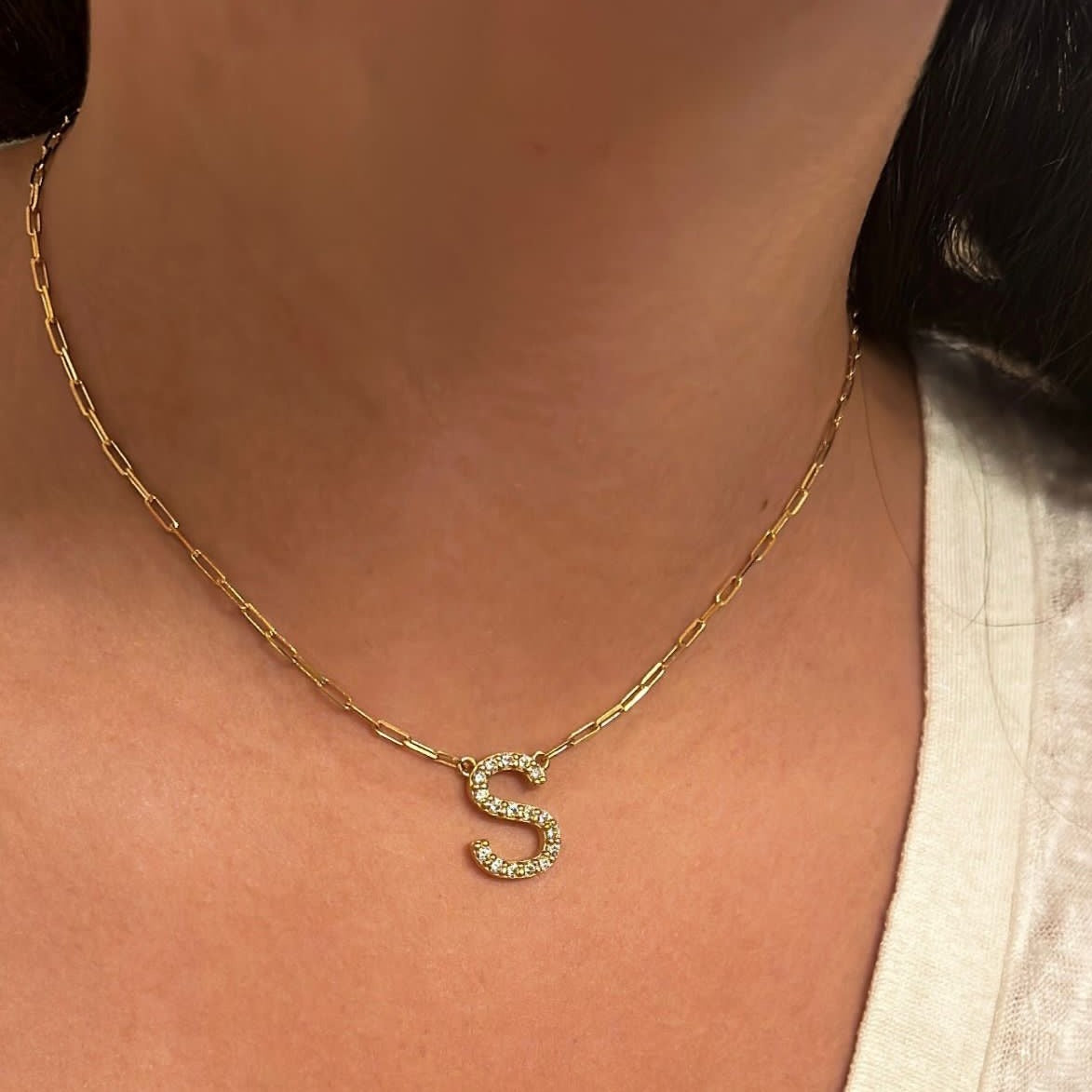 Sadie Initial CZ Necklace With Paperclip Chain
