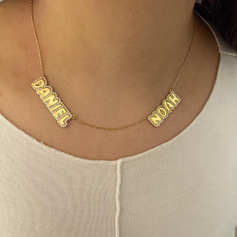 Two Name Maya Bubble CZ Nameplate Necklace