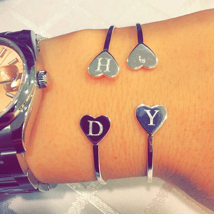 Double Heart Initial Bangle - Retail Therapy Jewelry