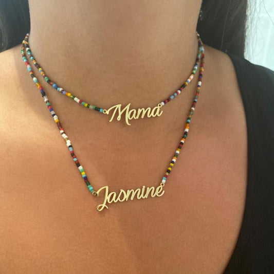 Jasmine Script Beaded Nameplate Necklace