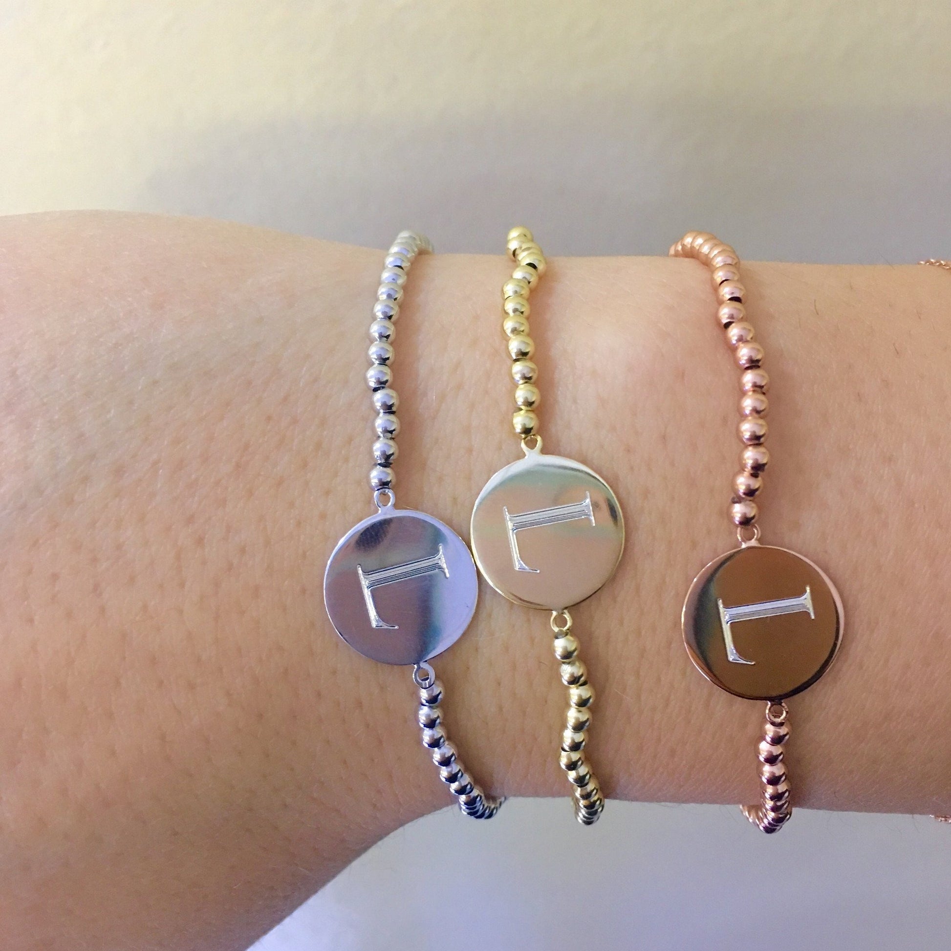 Beaded Engraved Disc Initial Bracelet - Retail Therapy Jewelry